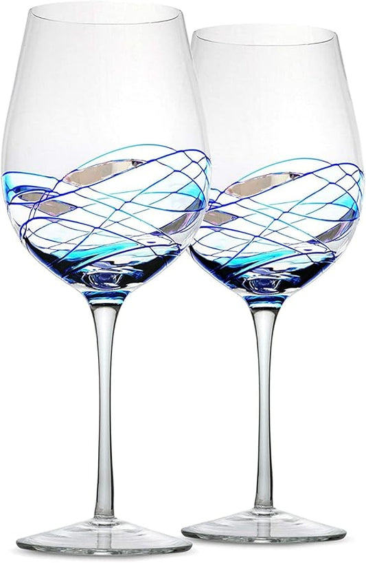 Bezrat Wine Glasses Hand Painted - Set of 2 - Women Wine Gift - Wine Lover Glass - Beautiful Glassware Gifts Ideas for Women Inspired by 'Duomo di Milano' Mothers Day - 14 oz (Blue)