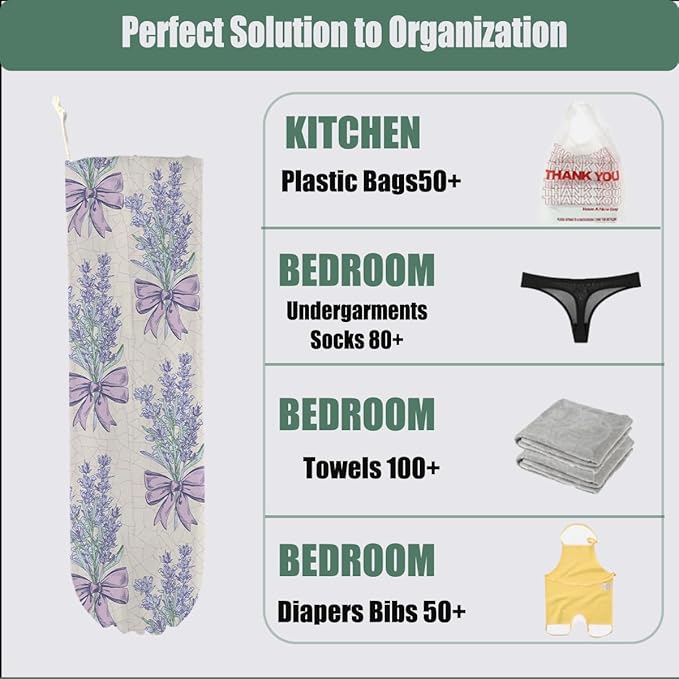Lavender Plastic Bag Holder, Wall Mount Grocery Bag Holder for Plastic Bags, Bow Tie Washable Large Grocery Bags Storage Dispenser for Home Kitchen Pantry Decor, Purple Gifts for Women Wife Grandma