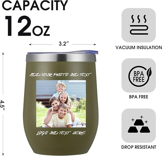 48 Pack Personalized Wine Tumbler,12oz Custom Stainless Steel Coffee Mug,Tumblers with Lids,Customizable with Picture and Names Engraving,Suitable for Woman,Men,Families and Travel