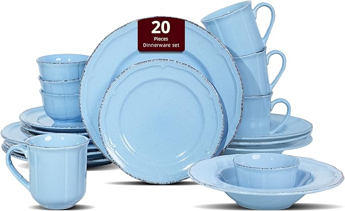 20pc Dinnerware Set, Plate and Bowl Set, Stoneware Dishes Set for 4, Microwave and Dishwahser Safe, Scratch Resistant, French Countryside Speckled Antique Blue