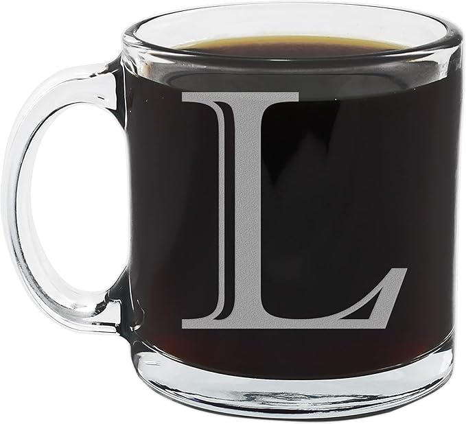 Spotted Dog Company Etched Monogram 12oz Clear Glass Coffee Mug (Letter L), A-Z Customized Coffee Gifts, Custom Engraved Gifts for Women Her, Personalized Gift for Men, Initial