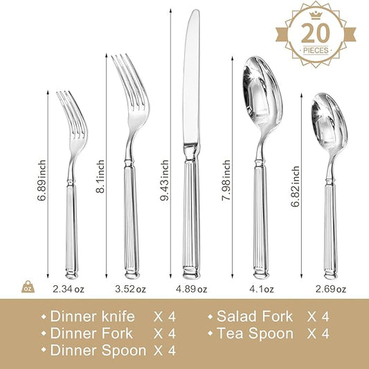 KINGSTONE Silverware Set, 20-Piece 18/10 Stainless Steel Flatware Set - Roman Column Embossed Thick Handle, for Wedding, Home, Restaurant, Kitchen and Party, Mirror Polish & Dishwasher Safe