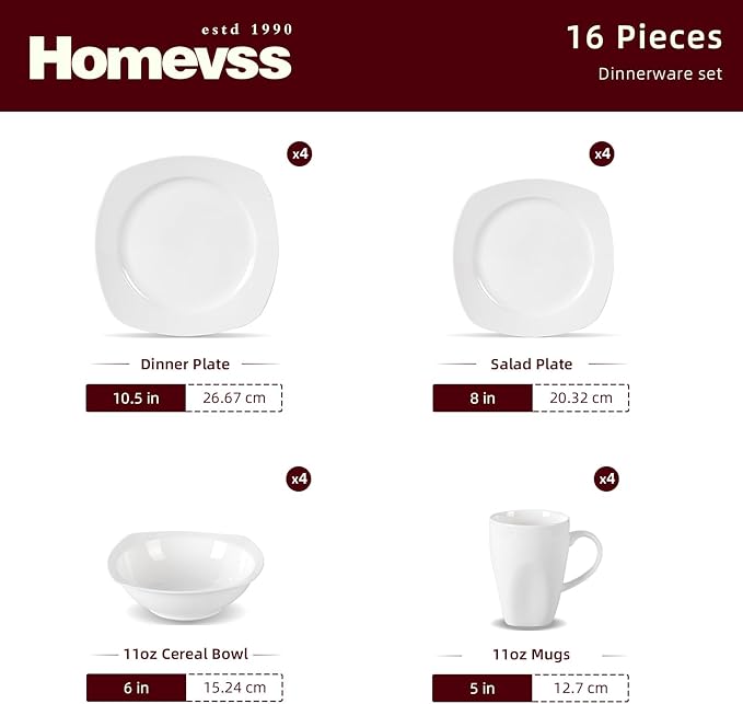 HomeVss, New Bone China Embossed Dinnerware Set, Coupe Square Shape, 16pc Set