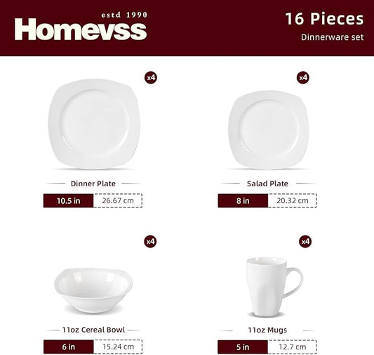 HomeVss, New Bone China Embossed Dinnerware Set, Coupe Square Shape, 16pc Set