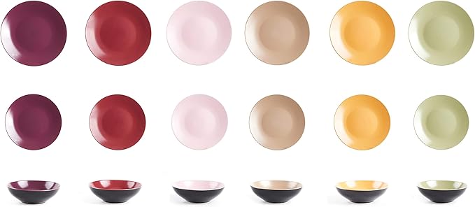 Colors Life 18pc Dinnerware Set，Outside Shinny Black + Inside Matte Finished Color Very Berry