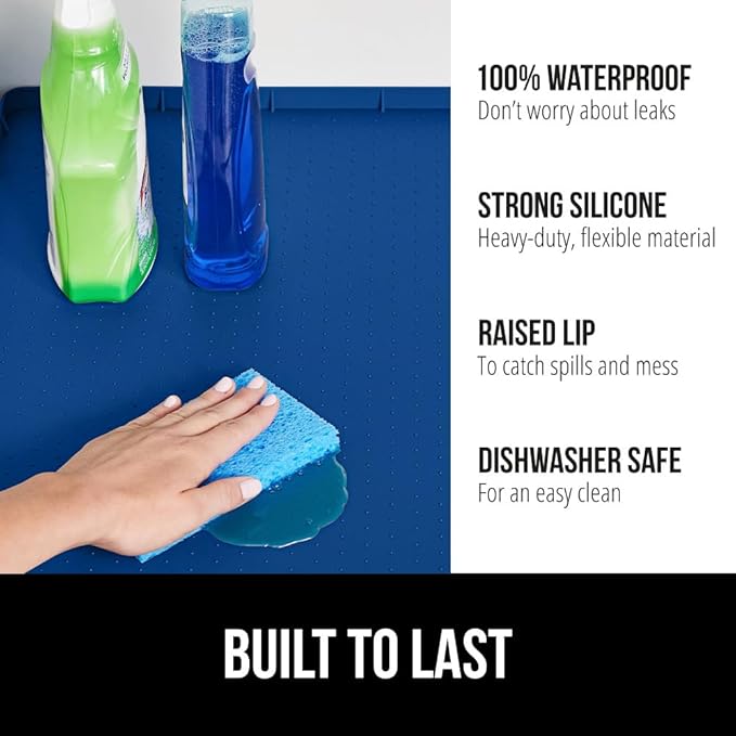 GORILLA GRIP Waterproof Silicone Under Sink Mat with Raised Lip for Kitchen and Bathroom, 46 x 22 in, Cabinet Shelf Liner Stay in Place Mats Dishwasher Safe Drawer Liner, Organizer Tray, Blue