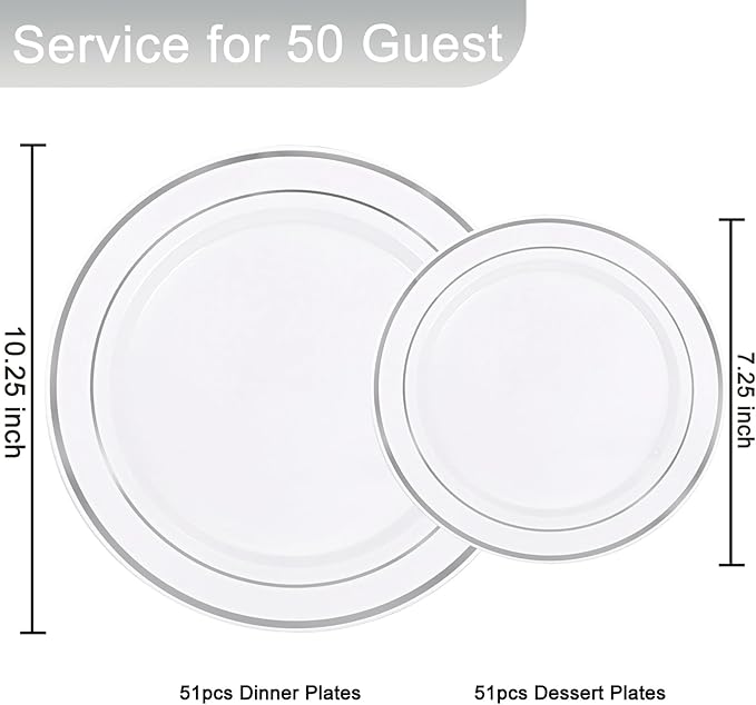 Supernal 102pcs White and Silver Plastic Plates Disaposable Party Plates White Silver Rim Heavy Duty Fancy Silver Plastic Dinnerware Set included 51 Dinner & Dessert Plates for Birthday and Wedding
