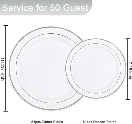 Supernal 102pcs White and Silver Plastic Plates Disaposable Party Plates White Silver Rim Heavy Duty Fancy Silver Plastic Dinnerware Set included 51 Dinner & Dessert Plates for Birthday and Wedding