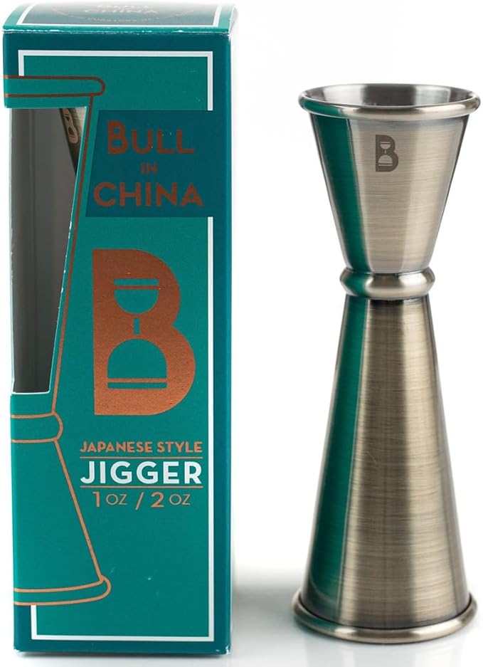 Double Japanese Jigger by Bull In China - 0.25oz to 2oz Measures for Cocktails, Bars & Bartenders (Antique Brass)