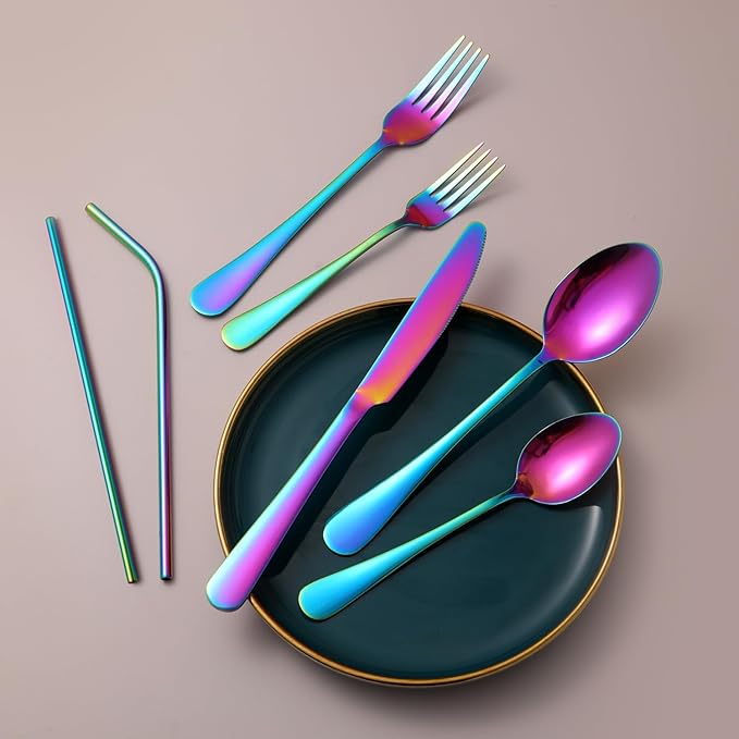 56 Pieces Mirror Rainbow Silverware Service for 8 Flatware Set Stainless Steel Utensils Cutlery Set Dishwasher Safe