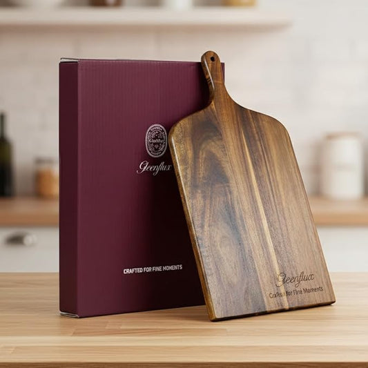 Acacia Wood Charcuterie & Cutting Board with Handle, High-Quality Multi-Purpose Cheese Serving Board with Clear Grain and Warm Natural Color - Ideal for Steak, Appetizers, Snacks & Kitchen Gift Giving