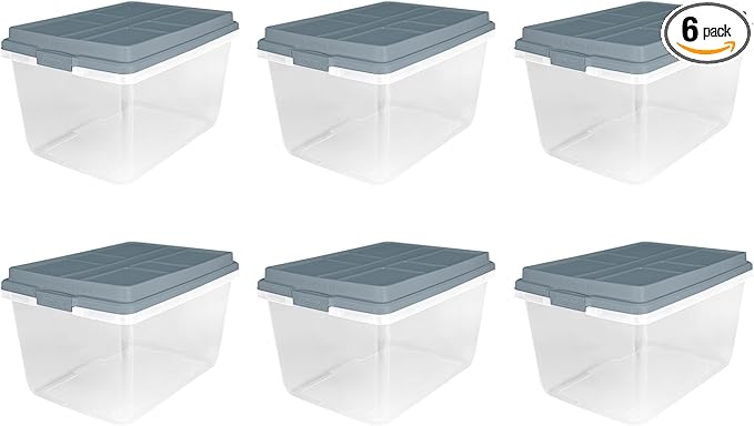 Hefty 72 Quart Hi-Rise Storage Bin with Lid, Stackable Plastic Container Tote for Home, Office, and Classroom Organization, 6 Pack, Smoke Blue