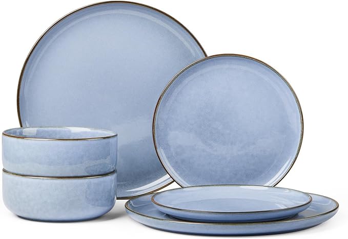 Herogo 6-Piece Stoneware Dinnerware Sets for 2, Stackable Dinner Plates and Bowls Sets, Double Reactive Glaze Dishware Place Setting for Kitchen, Scratch Resistant, Microwave Safe, Haze Blue