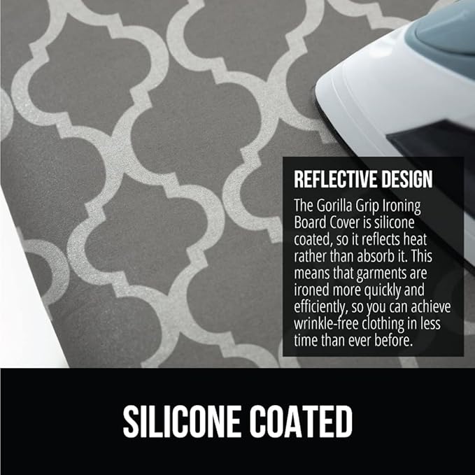 GORILLA GRIP The Original Ironing Board Cover and Pad, Silicone Coating, Thick Scorch Resistant Padding, Heavy Duty Iron Covers Standard Boards, Hook and Loop Fastener Strap, Quatrefoil Gray, 15x54