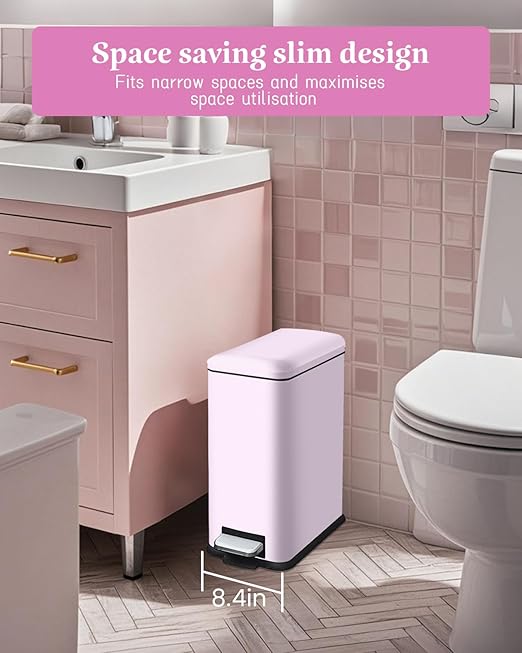 16.7L/ 4.4 Gallon Rectangular Slim Kitchen Trash Can with Removable Inner Bucket, Soft Close lid, Stainless Steel Step Pedal Garbage Can for Bathroom, Kitchen, Home Office, Pink