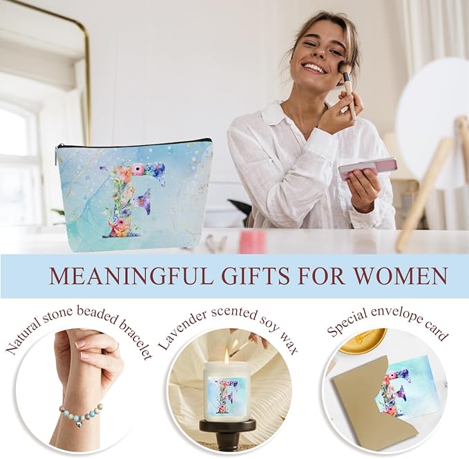Personalized Gifts Monogrammed Birthday Gifts for Women, Aunt Grandma Retirement Christmas Initial Wine Tumbler Makeup Bag Scented Candle Bracelet Set, (Aesthetic Blue Flower F)