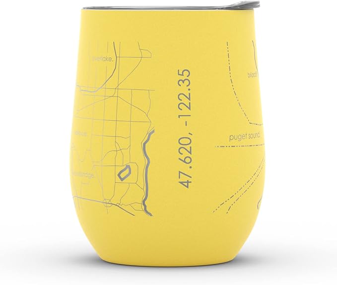 Well Told Engraved Seattle Washington Map Insulated Wine Tumbler, Etched Stainless Steel Cup (12 oz, Sunrise Yellow) City Map Insulated Tumbler, Custom Insulated Tumbler, Outdoor Drinkware
