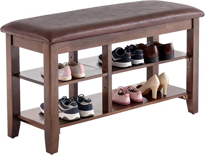 PY HOME & SPORTS Shoe Rack for Entryway 31.5": 2-Tier Shoe Storage Bench, Adjustable/Removable Shelves, Rubberwood Shoe Benches for Hallway, Porch, Bathroom, Brown
