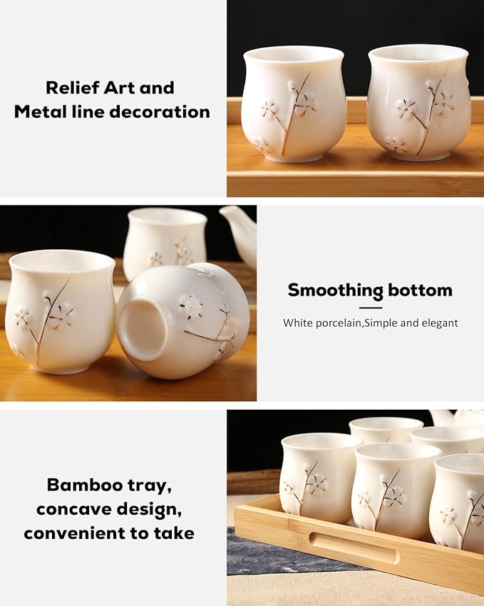 Dujust Japanese Tea Set, White Porcelain Tea Set with 1 Teapot Set, 6 Tea Cups, 1 Tea Tray, 1 Stainless Infuser, Cute Asian Tea Sets for Adults/Tea Lover/Women/Men (Plum in Golden)