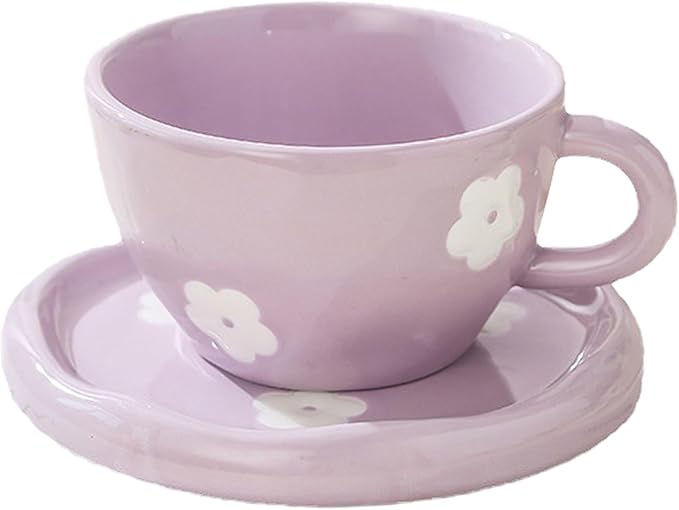 Coffee Mugs Set with Saucer Cute Purple Flowers Cup Gifts for Women for Birthday Tea Coffee Mug Saucer 250 ML Ceramic Cup Birthday Gift for Women Girls Mom Friend Coffee Mug aucer Set