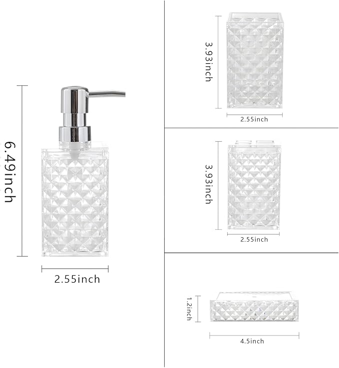 Bathroom Accessories Set 4-Piece Plastic Gift Set with Toothbrush Holder, Toothbrush Cup, Soap Dispenser, Soap Dish(Clear)