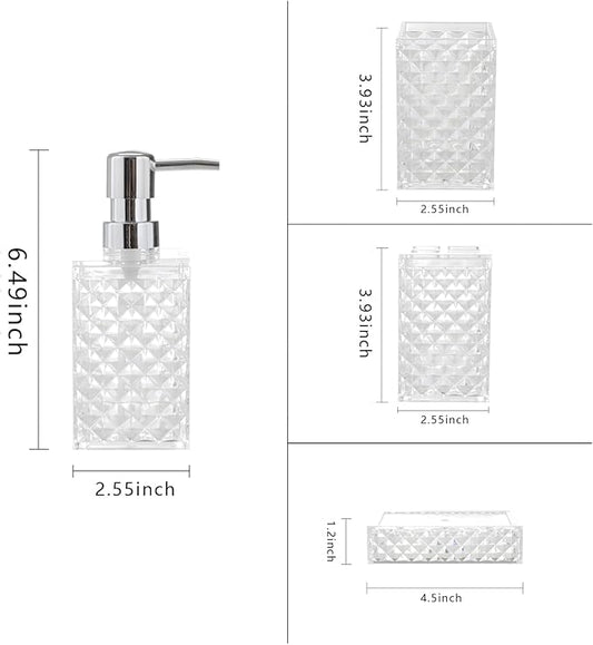 Bathroom Accessories Set 4-Piece Plastic Gift Set with Toothbrush Holder, Toothbrush Cup, Soap Dispenser, Soap Dish(Clear)