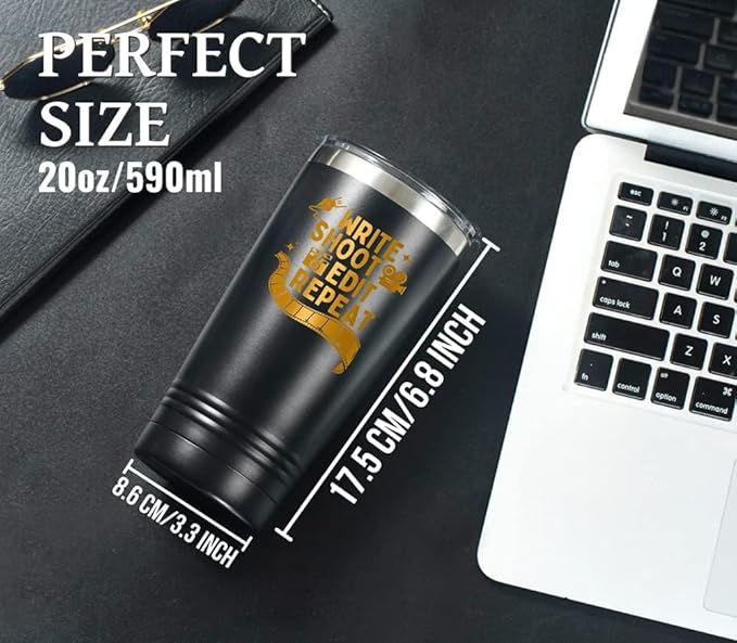 Onebttl Aspiring Filmmakers Gift, Director Gift, Theater Gifts on Filmmaker Day, Birthday and Christmas, 20 oz Insulated Stainless Steel Tumbler - Write shoot edit repeat