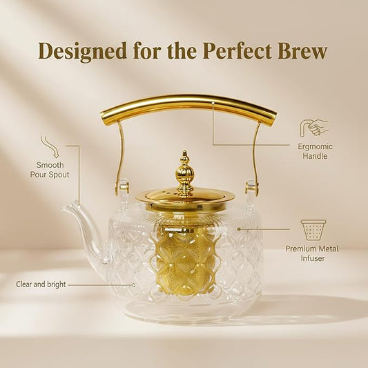 High Borosilicate Glass Teapot, 36 oz Thickened Heatproof Glass Teapot with Removable Stainless Steel Infuser and Lid, Stovetop Safe Tea Kettle, Hand Crafted Kettle, for Women and Adult
