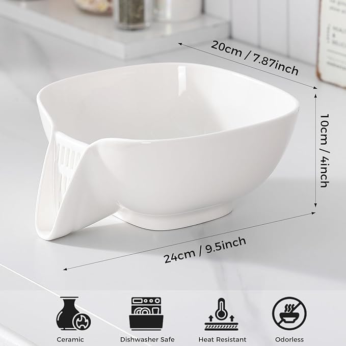 Dizada Multifunctional Ceramic Drain Basket with Integrated Drain Spout, Colander for Kitchen 60 Oz Large Capacity Food Strainer for Vegetable, Fruits, Pasta, Salad, Heat-Resistant, Dishwasher-Safe