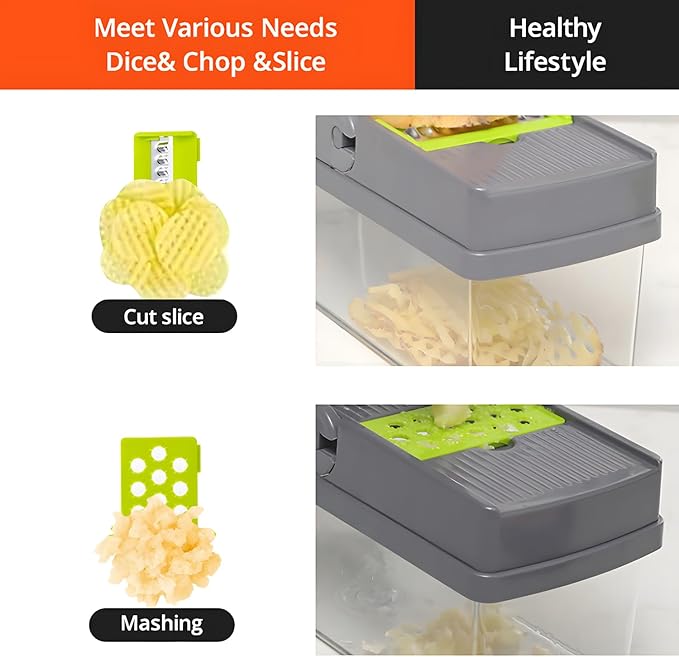 16-IN-1 Effortless Press-Handle Food Chopper with Thick ABS Container – Anti-Jam Design, Comfortable Grip, Veggie Cutter That Saves Your Wrists
