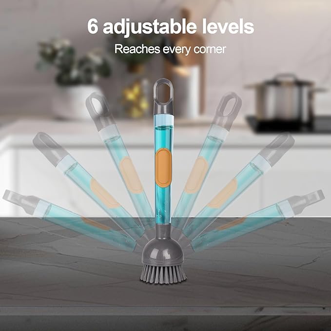 Soap Dispensing Dish Brush Storage Set with 360° Rotating Head, Kitchen Brush with 2 PCS Different Brush Heads & 3 PCS Sponges, Dish Brush Set with Handle for Dishes, Sink, Pans, Pots