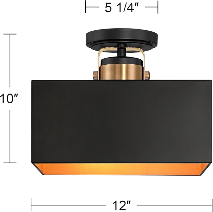 Possini Euro Design Artemis 12" Modern Semi Flush-Mount Ceiling Light Fixture Kitchen Foyer Hallway 2-Light Black Gold Finish Metal Bedroom Bathroom Entryway Living Room Indoor Office Mini
