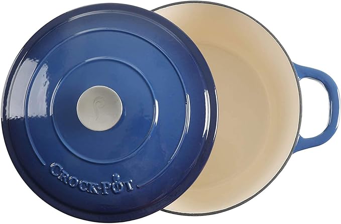 Crock-Pot Artisan 7-Quart Round Enameled Cast Iron Dutch Oven – Sapphire Blue, Durable Heavy-Duty Cookware for Slow Cooking, Baking, Roasting with Lid