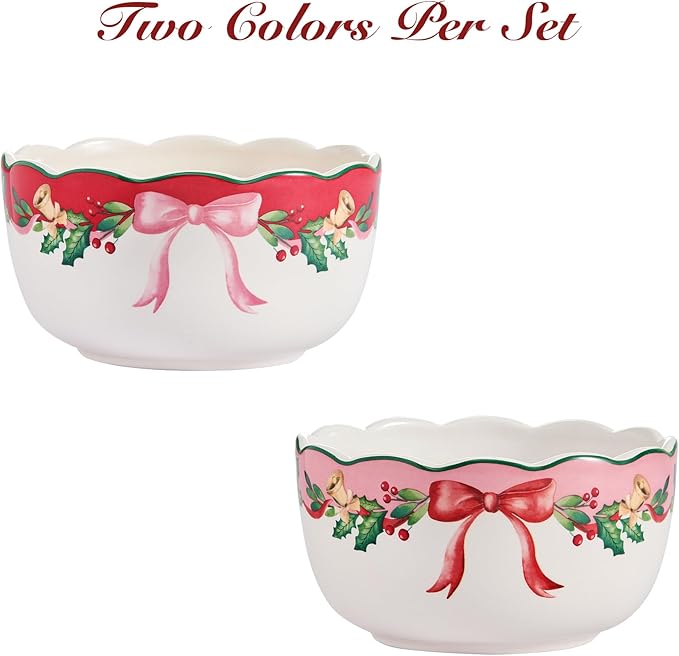 Bico Ribbon Christmas Cereal Bowls Set of 4, 26 oz Deep Ceramic Soup Bowls for Cereal, Salad, Noodles, Kitchen, Microwave and Dishwasher Safe, Gift for Housewarming and Christmas