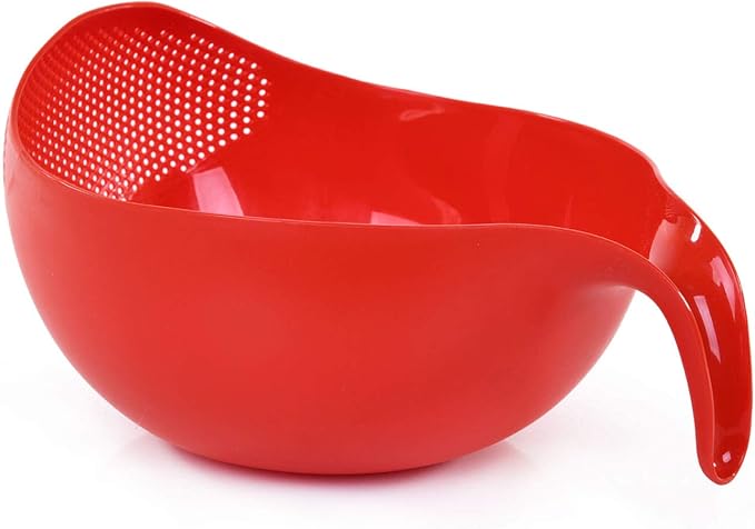 Mintra Home Rice Colander (Red) - Strainer, Lightweight, for cleaning rice, beans, fruit and vegetables 9.5x13x7