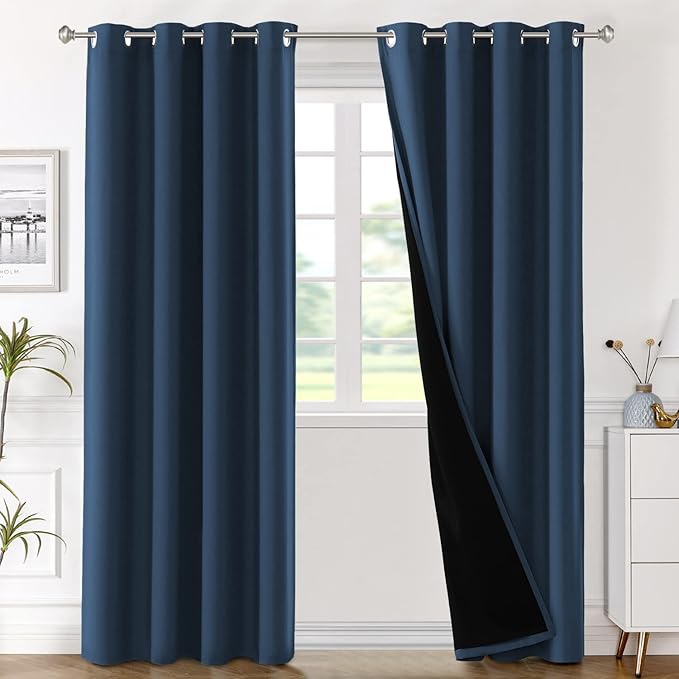 H.VERSAILTEX 100% Blackout Curtains with Black Liner Backing, Thermal Insulated Curtains for Living Room, Noise Reducing Drapes, 52 inches Wide x 96 inches Long Per Panel, Set of 2 Panels, Navy Blue