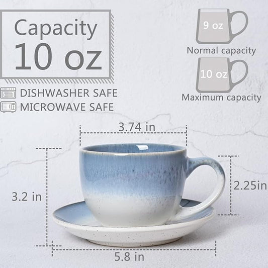 Bosmarlin Ceramic Cappuccino Cup and Saucer Set of 2, 10 Oz, Dishwasher and Microwave Safe, Coffee Cups for Latte, Espresso, Tea, Reavtive Glaze (Blue)