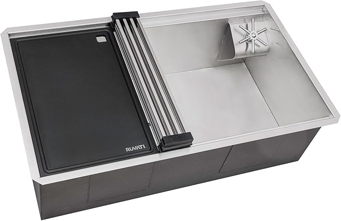 Ruvati 32-inch Undermount 16 Gauge Stainless Steel Kitchen Sink Single Bowl – Glass Rinser Workstation Ledge with Cutting Board, Bottle & Cup Washer, Modern Stainless Finish – RVH8512