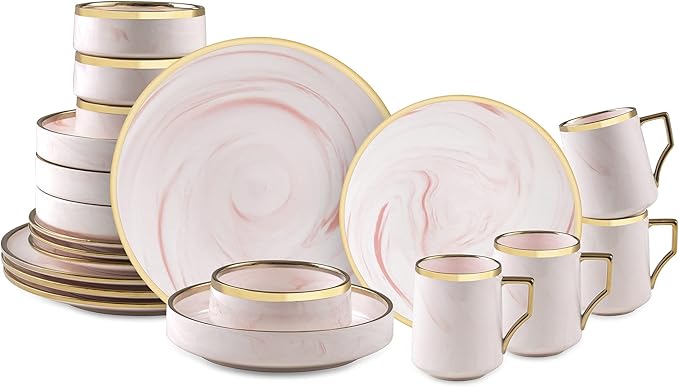 Fine China Artisan Marbled 20pc Dinner Set, Pink with Gold