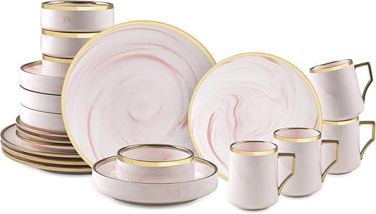 Fine China Artisan Marbled 20pc Dinner Set, Pink with Gold