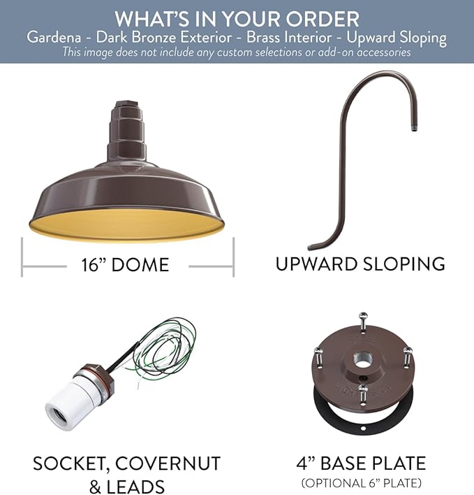 Steel Lighting Co. | Dusk to Dawn | Gardena Barn Light | Outdoor Wall Mounted | 16" Dome | Upslope Gooseneck | Farmhouse Light Made in America | Dark Bronze/Brass