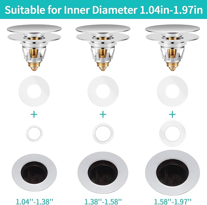 Universal Bathroom Sink Stopper with Hair Catcher, for 1.04-1.97 Inch Drain Hole, Spring Core Bathtub Drain Cover, Pop Up Sink Plug Basin Drain Strainer, Large Lid