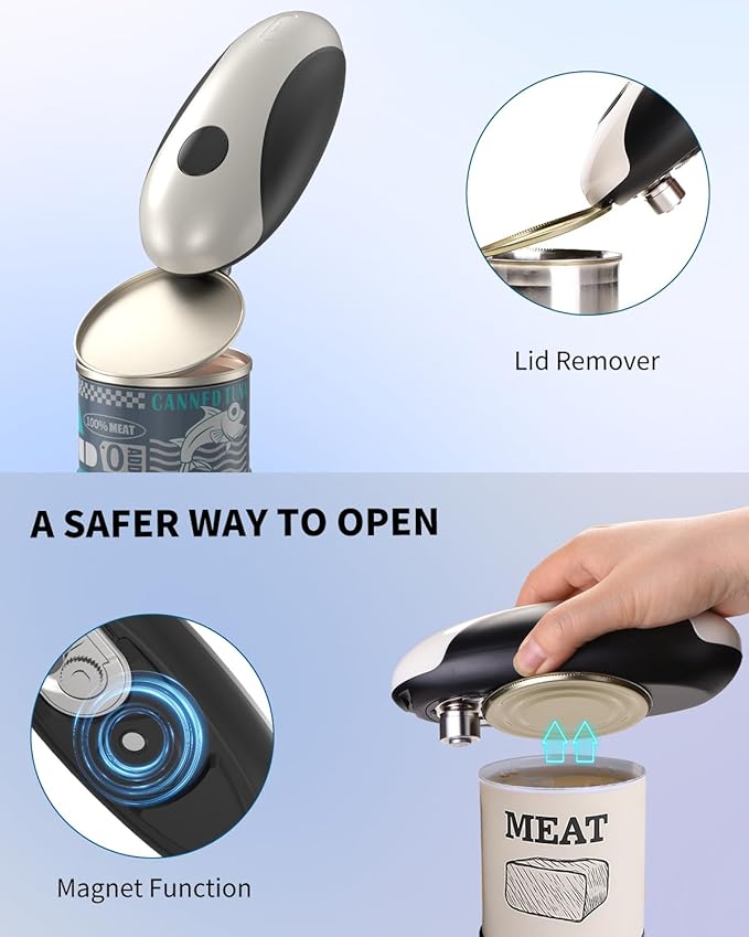 CIRCLE JOY Rechargeable Electric Can Opener, One-Touch Automatic Can Opening with Lid Remover & Smooth Edge Cutting, Food-Safe, Easy to Use for Seniors and Arthritis, Black White