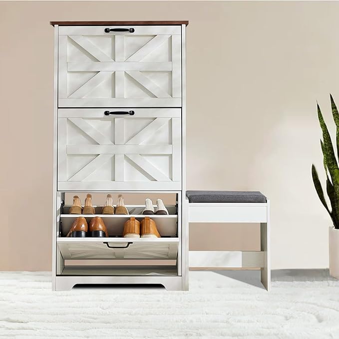 Shoe Storage Cabinet with Bench, Farmhouse Shoe Organizer with Barn Door Design, Space-Saving Hidden Narrow Shoe Rack Cabinet for Entryway, Hallway & Foyer，White