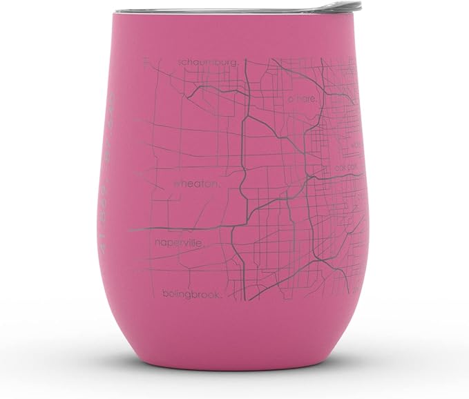 Well Told Engraved Chicago Illinois Map Insulated Wine Tumbler, Etched Stainless Steel Cup (12 oz, Sunset Pink) City Map Insulated Tumbler, Custom Insulated Tumbler, Outdoor Drinkware