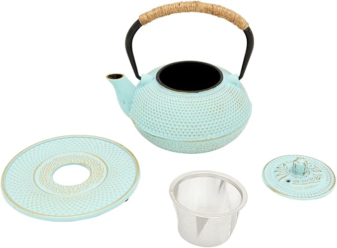 Juvale Cast Iron Tea Kettle with Infuser - Green, 18 oz/500 ml, 3-Piece Set - Teapot for Brewing Loose Leaf Tea - Stovetop Safe Tetsubin Set with Trivet