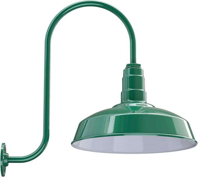 Steel Lighting Co. | Dusk to Dawn | Gardena Barn Light | Outdoor Wall Mounted | 16" Dome | Upslope Gooseneck | Farmhouse Light Made in America | Green Exterior/White Interior