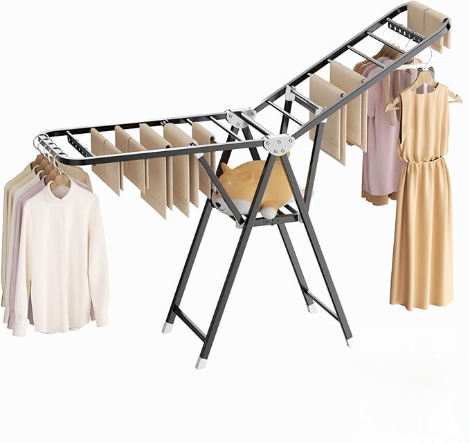 MIKEE Clothes Drying Rack,Stainless Steel Foldable Laundry Drying Rack for Indoor & Outdoor Use，with Height-Adjustable Wings，2-Tier Clothes Rack with Windproof Hanging Holes and Wheels，132 lbs
