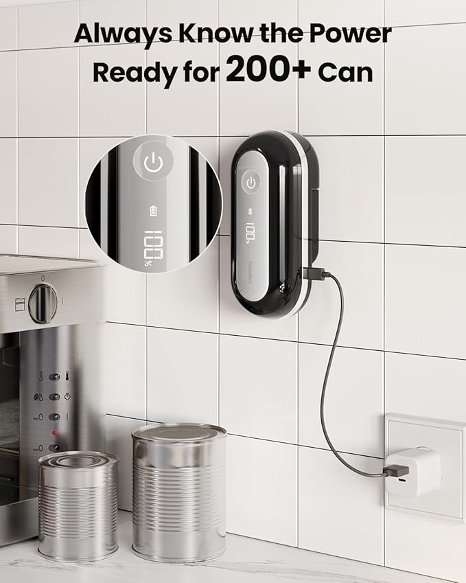 Canslab RETRO Electric Can Opener, Auto-Stop One-Touch Operation, USB Rechargeable with LED Battery Track, Side Cut Smooth Edge Can Opener for Seniors with Arthritis, Wall-Mountable Small Size, Black