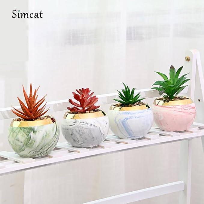 Simcat Succulent Pots with Drainage and Stands Mini Ceramic Flower Pot 4 Cactus Planter Pots Modern Round Succulent Plant Pots for Home Office Desktop Windowsill Décor (Patterned,4)